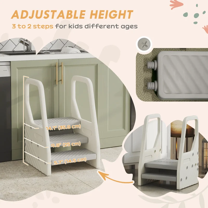 Adjustable Height Toddler Step Stool with Handle, Foot Pads, Grey