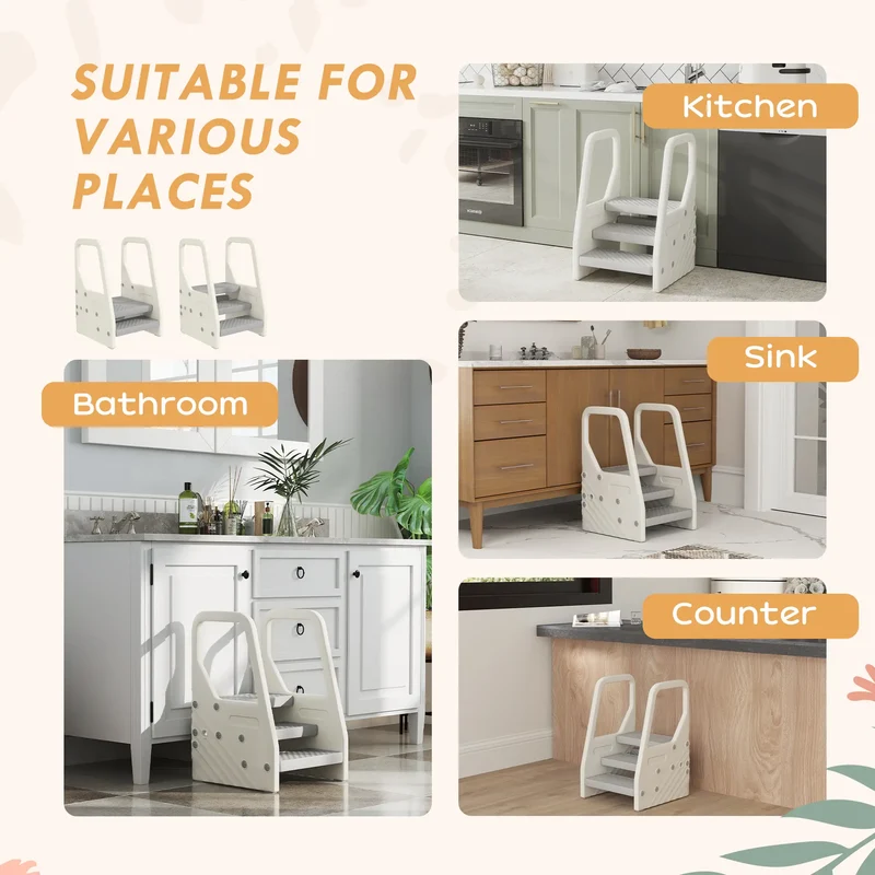 Adjustable Height Toddler Step Stool with Handle, Foot Pads, Grey