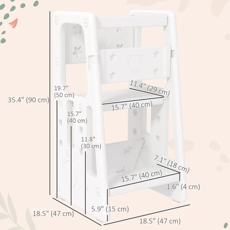 Toddler Kitchen Helper, 2 Step Stool, Adjustable Height, Safety Rail, White