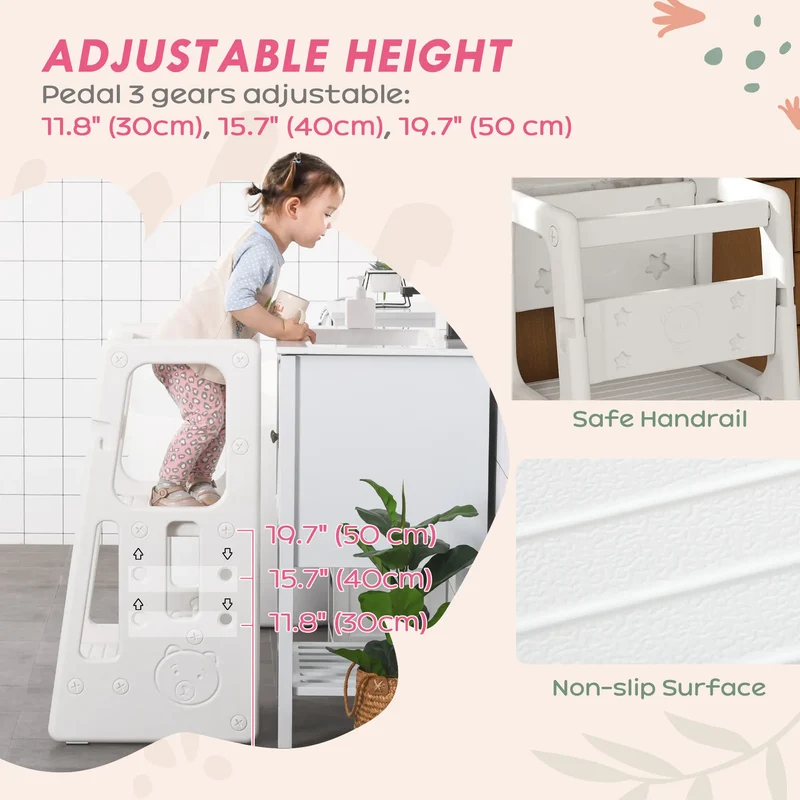 Toddler Kitchen Helper, 2 Step Stool, Adjustable Height, Safety Rail, White