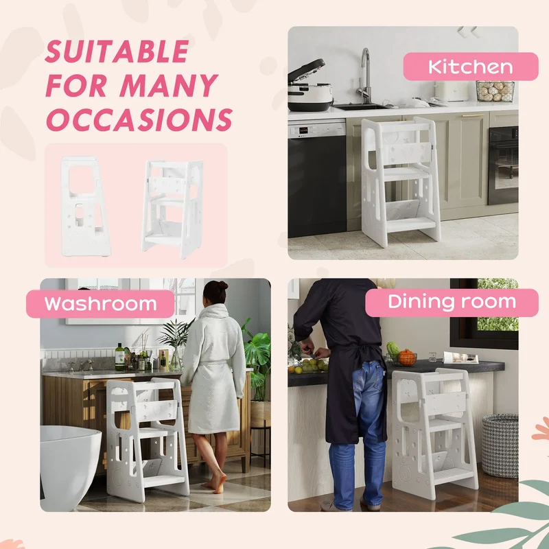 Toddler Kitchen Helper, 2 Step Stool, Adjustable Height, Safety Rail, White