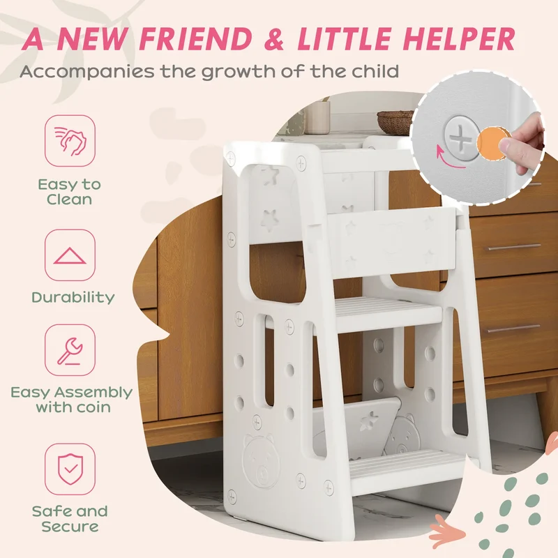 Toddler Kitchen Helper, 2 Step Stool, Adjustable Height, Safety Rail, White