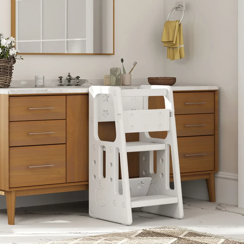 Toddler Kitchen Helper, 2 Step Stool, Adjustable Height, Safety Rail, White