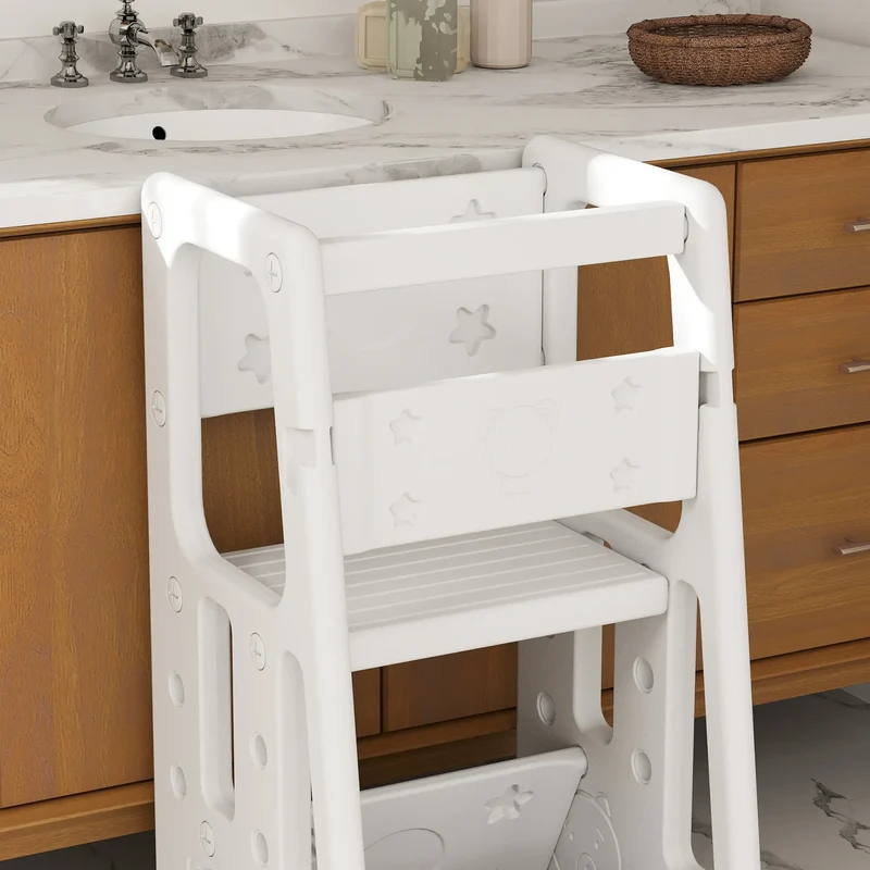 Toddler Kitchen Helper, 2 Step Stool, Adjustable Height, Safety Rail, White