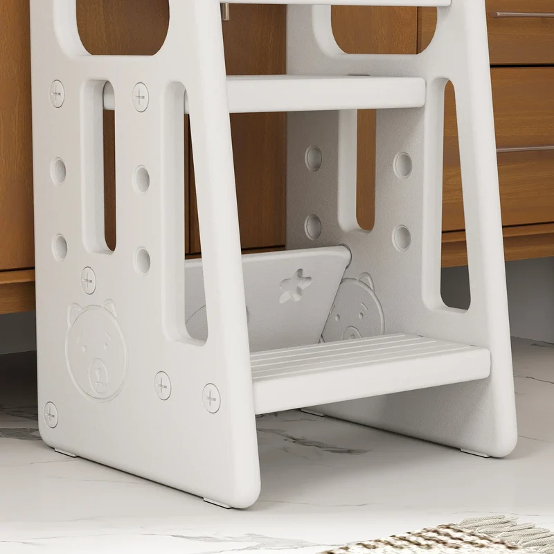 Toddler Kitchen Helper, 2 Step Stool, Adjustable Height, Safety Rail, White