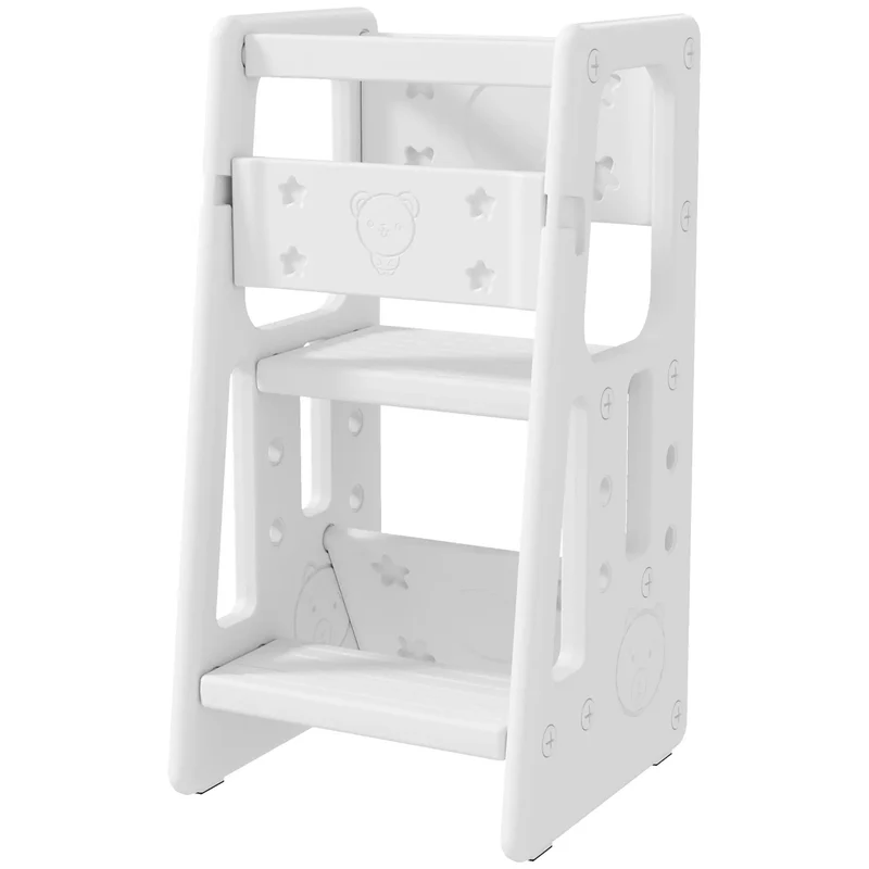 Toddler Kitchen Helper, 2 Step Stool, Adjustable Height, Safety Rail, White