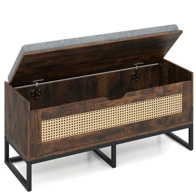 39.5" Rattan Storage Chest, Wicker Shoe Bench, Padded Seat Flip-Top, Brown
