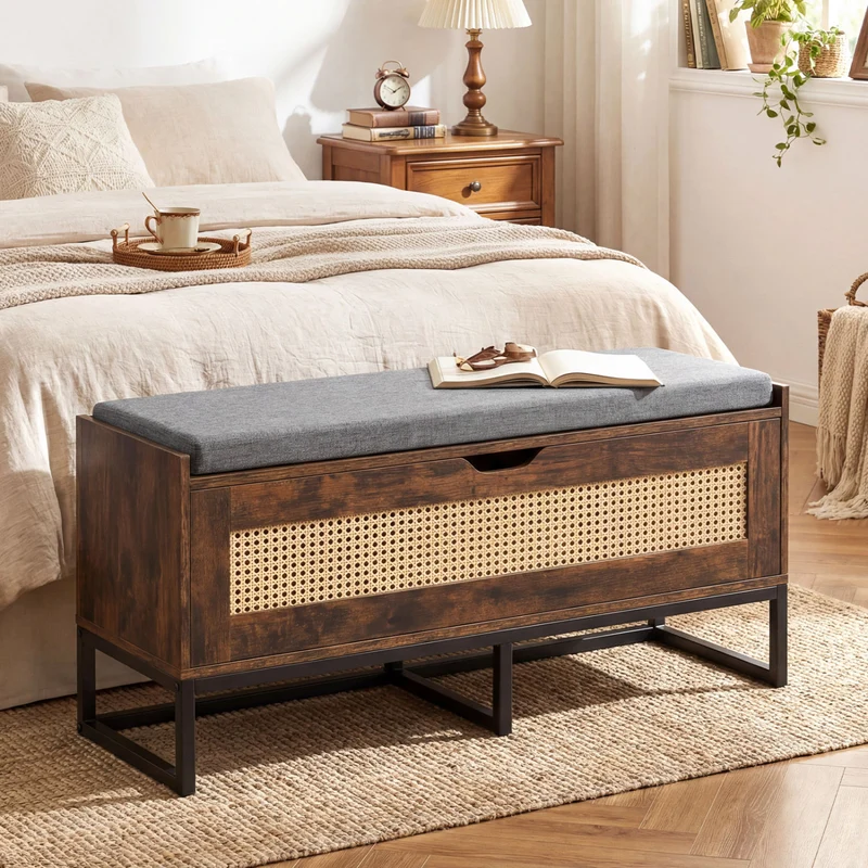 39.5" Rattan Storage Chest, Wicker Shoe Bench, Padded Seat Flip-Top, Brown