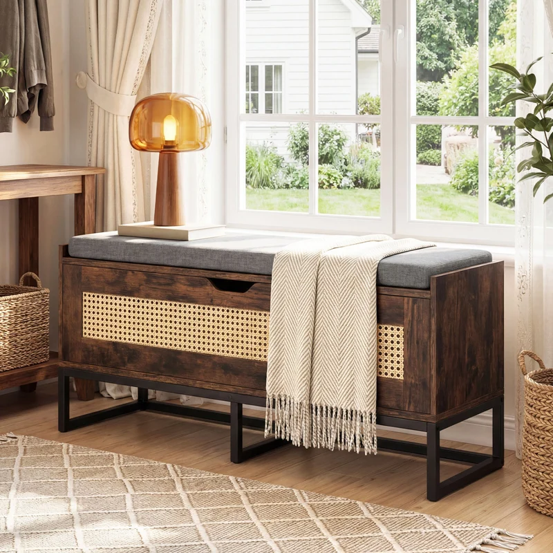 39.5" Rattan Storage Chest, Wicker Shoe Bench, Padded Seat Flip-Top, Brown