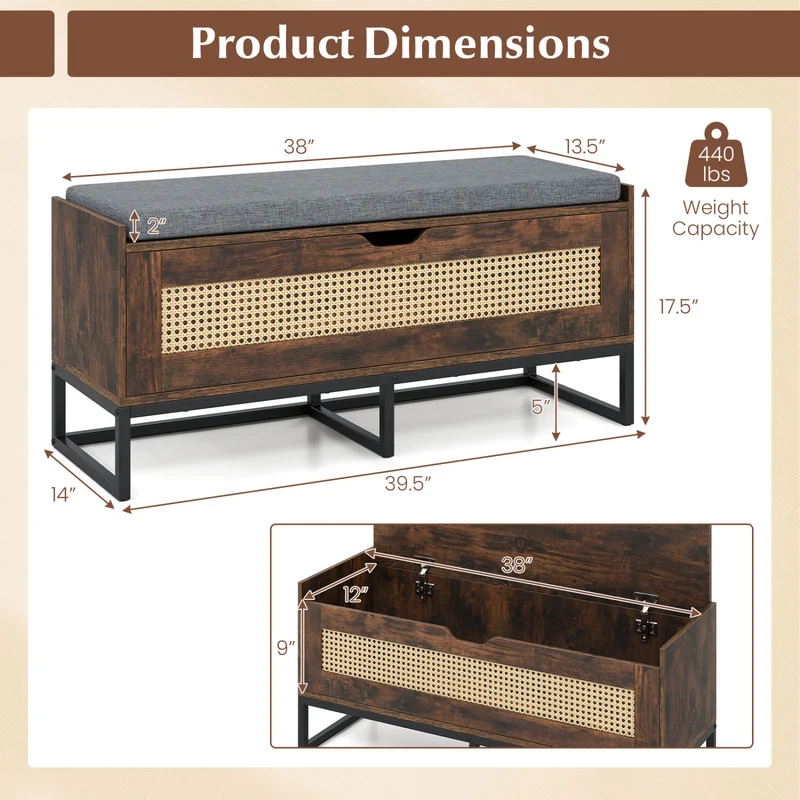 39.5" Rattan Storage Chest, Wicker Shoe Bench, Padded Seat Flip-Top, Brown