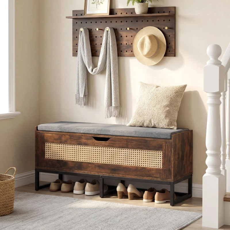 39.5" Rattan Storage Chest, Wicker Shoe Bench, Padded Seat Flip-Top, Brown