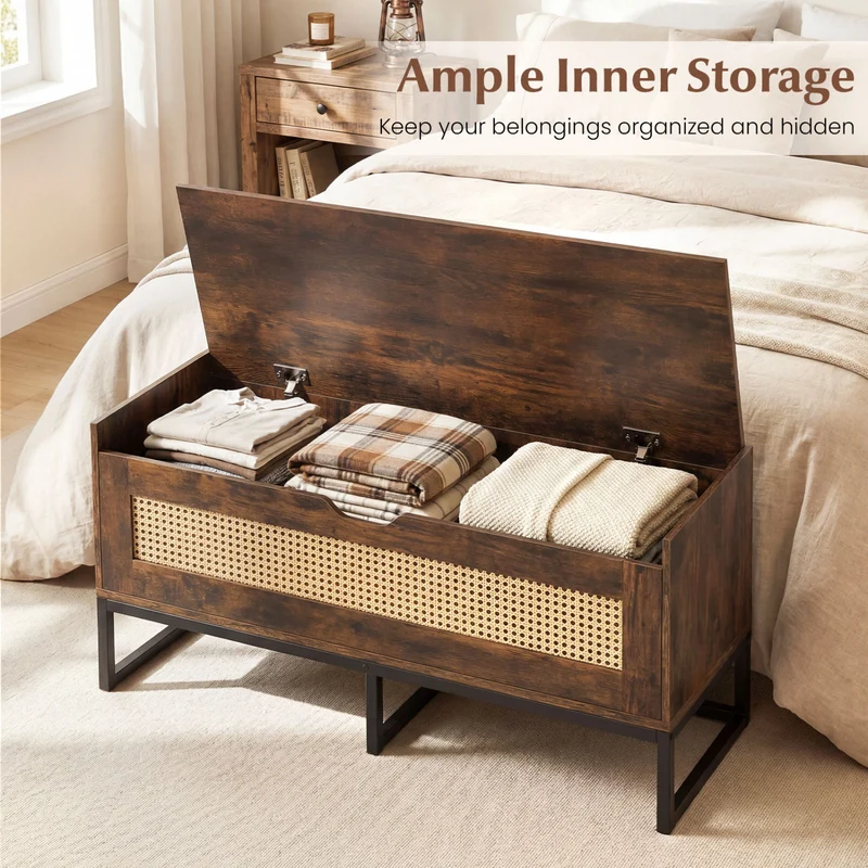 39.5" Rattan Storage Chest, Wicker Shoe Bench, Padded Seat Flip-Top, Brown