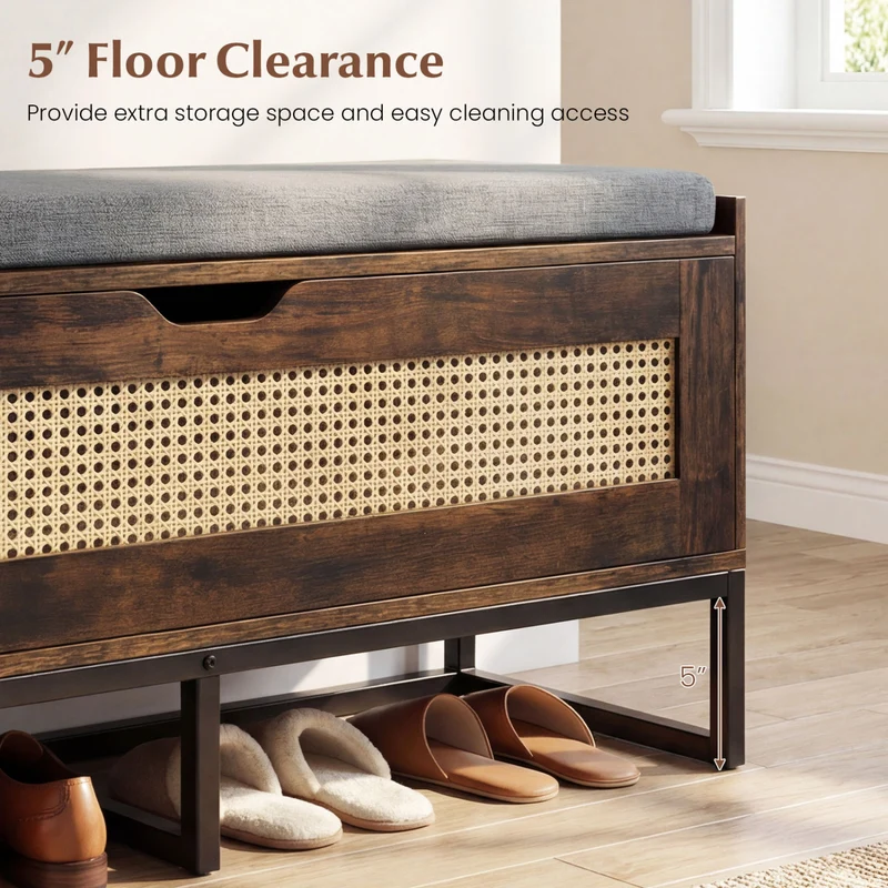 39.5" Rattan Storage Chest, Wicker Shoe Bench, Padded Seat Flip-Top, Brown