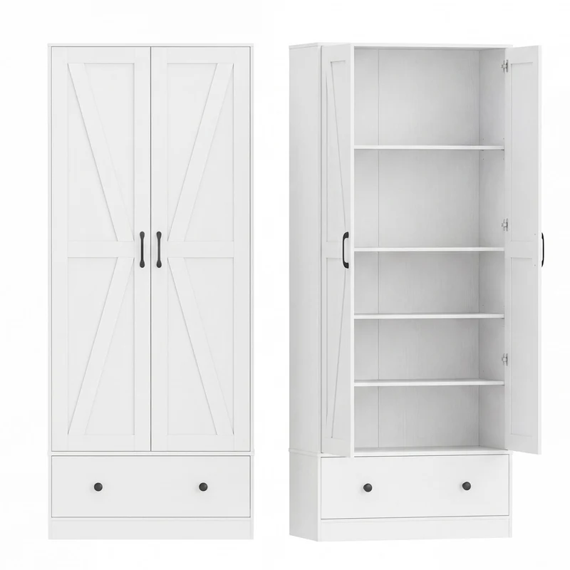 72 Inch Kitchen Pantry Cabinet, 2 Doors, Farmhouse Wooden Cupboard, White