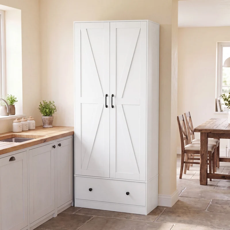 72 Inch Kitchen Pantry Cabinet, 2 Doors, Farmhouse Wooden Cupboard, White