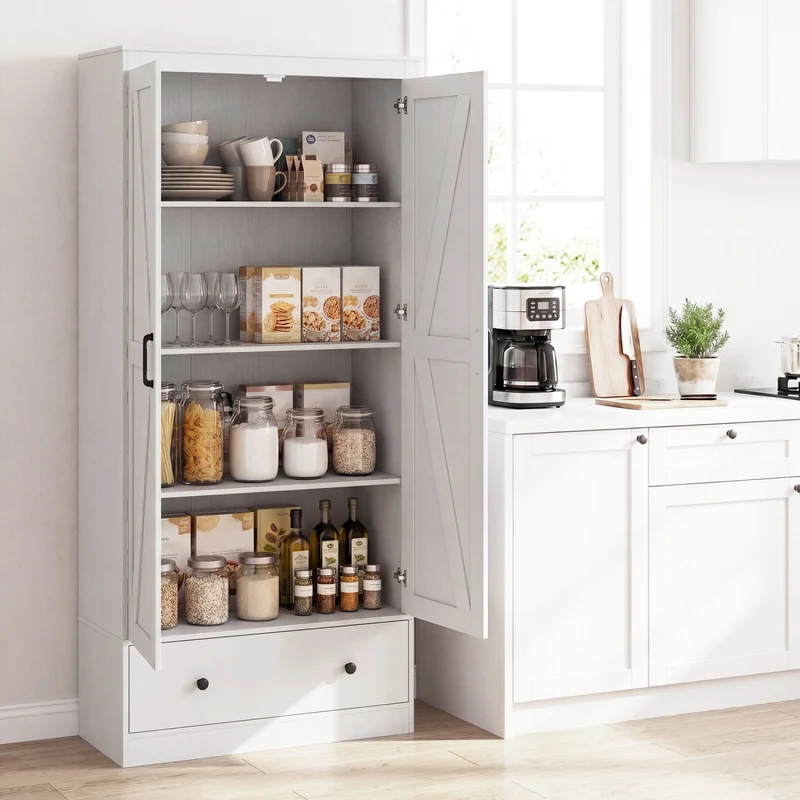 72 Inch Kitchen Pantry Cabinet, 2 Doors, Farmhouse Wooden Cupboard, White