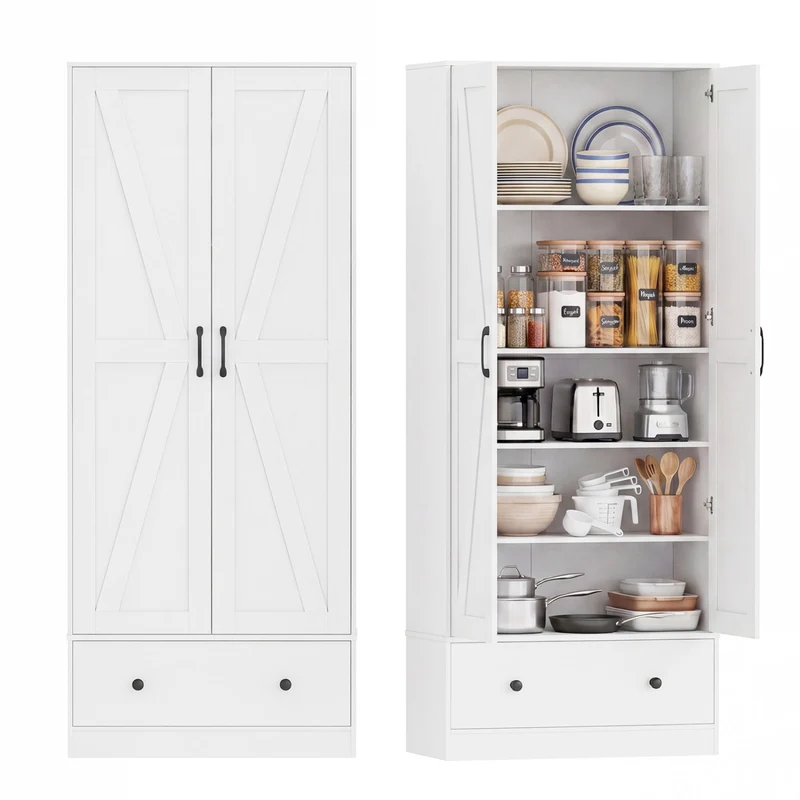 72 Inch Kitchen Pantry Cabinet, 2 Doors, Farmhouse Wooden Cupboard, White