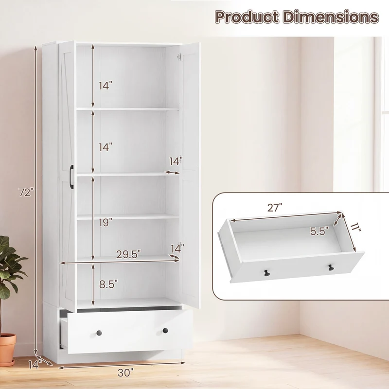 72 Inch Kitchen Pantry Cabinet, 2 Doors, Farmhouse Wooden Cupboard, White