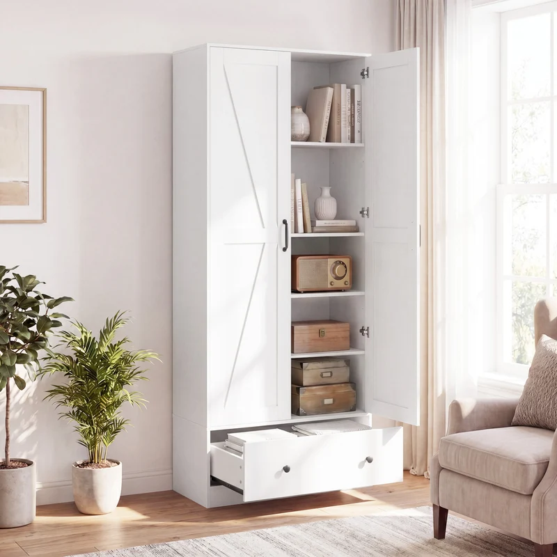 72 Inch Kitchen Pantry Cabinet, 2 Doors, Farmhouse Wooden Cupboard, White