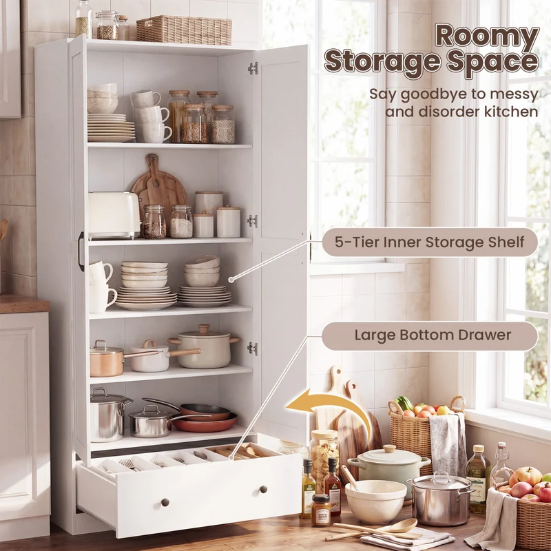 72 Inch Kitchen Pantry Cabinet, 2 Doors, Farmhouse Wooden Cupboard, White