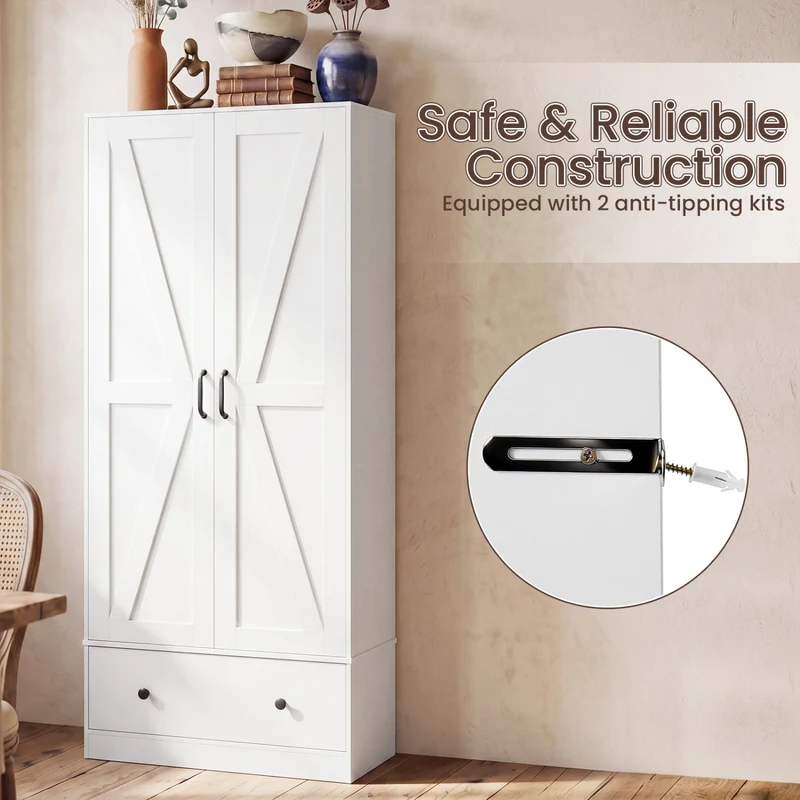 72 Inch Kitchen Pantry Cabinet, 2 Doors, Farmhouse Wooden Cupboard, White