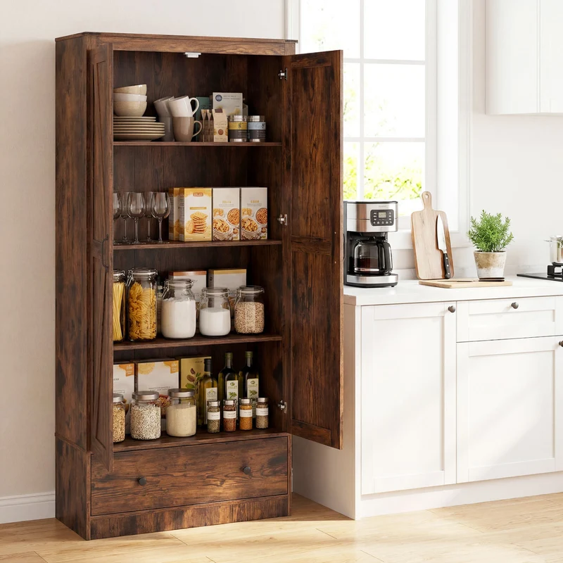 72 Inch Tall Kitchen Pantry Cabinet, Farmhouse Wooden Cupboard, 2 Doors, Brown