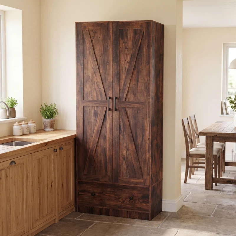 72 Inch Tall Kitchen Pantry Cabinet, Farmhouse Wooden Cupboard, 2 Doors, Brown
