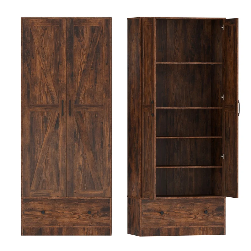 72 Inch Tall Kitchen Pantry Cabinet, Farmhouse Wooden Cupboard, 2 Doors, Brown
