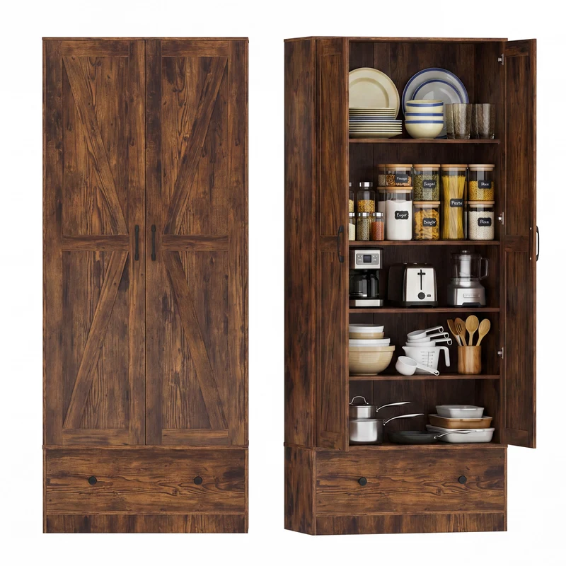 72 Inch Tall Kitchen Pantry Cabinet, Farmhouse Wooden Cupboard, 2 Doors, Brown