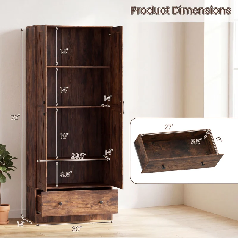 72 Inch Tall Kitchen Pantry Cabinet, Farmhouse Wooden Cupboard, 2 Doors, Brown