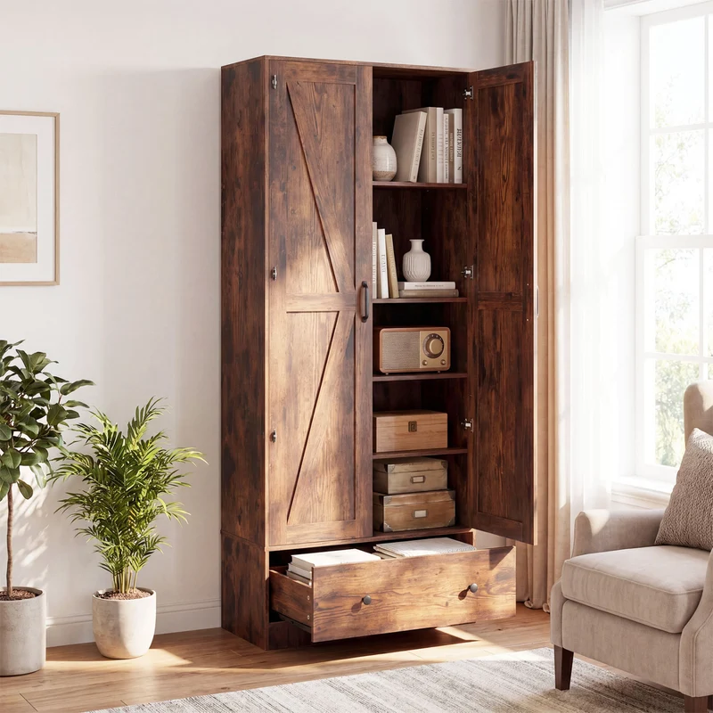 72 Inch Tall Kitchen Pantry Cabinet, Farmhouse Wooden Cupboard, 2 Doors, Brown