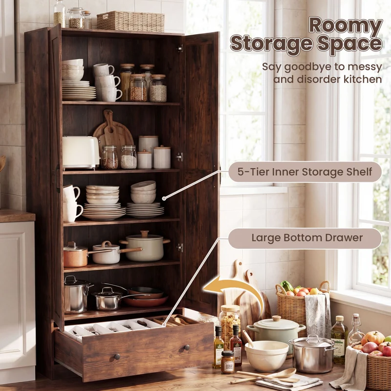 72 Inch Tall Kitchen Pantry Cabinet, Farmhouse Wooden Cupboard, 2 Doors, Brown