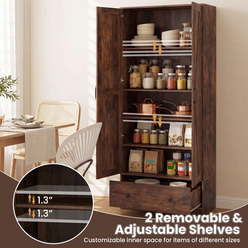 72 Inch Tall Kitchen Pantry Cabinet, Farmhouse Wooden Cupboard, 2 Doors, Brown