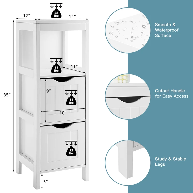 Freestanding Storage Cabinet, 2 Removable Drawers, White
