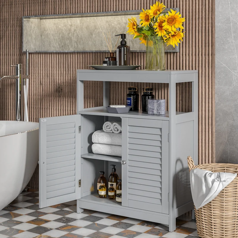 Freestanding Bathroom Floor Cabinet, Double Shutter Doors, Gray