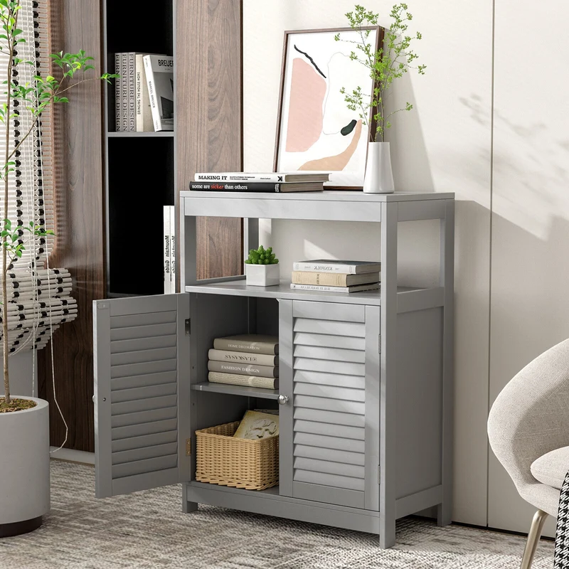 Freestanding Bathroom Floor Cabinet, Double Shutter Doors, Gray