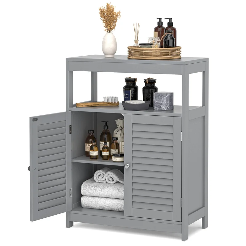 Freestanding Bathroom Floor Cabinet, Double Shutter Doors, Gray