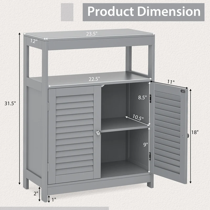Freestanding Bathroom Floor Cabinet, Double Shutter Doors, Gray