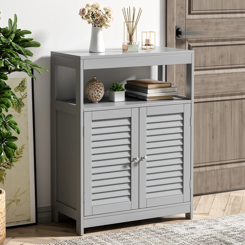 Freestanding Bathroom Floor Cabinet, Double Shutter Doors, Gray