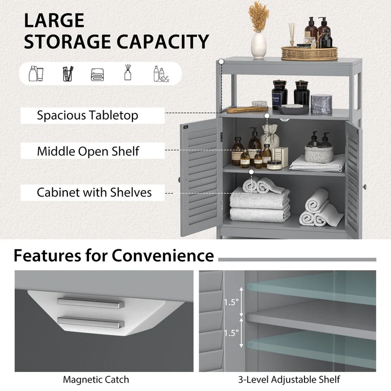 Freestanding Bathroom Floor Cabinet, Double Shutter Doors, Gray