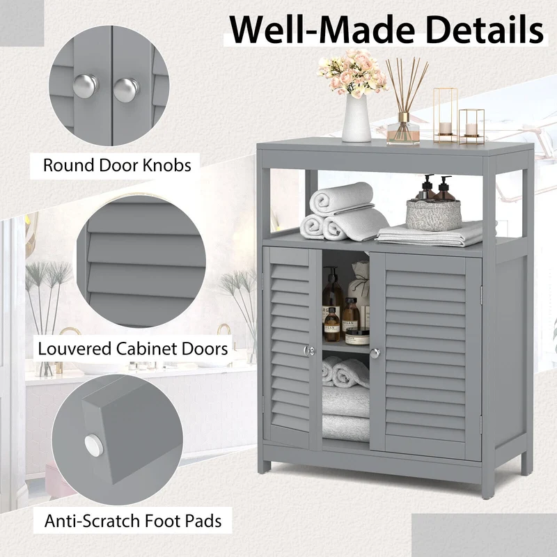 Freestanding Bathroom Floor Cabinet, Double Shutter Doors, Gray