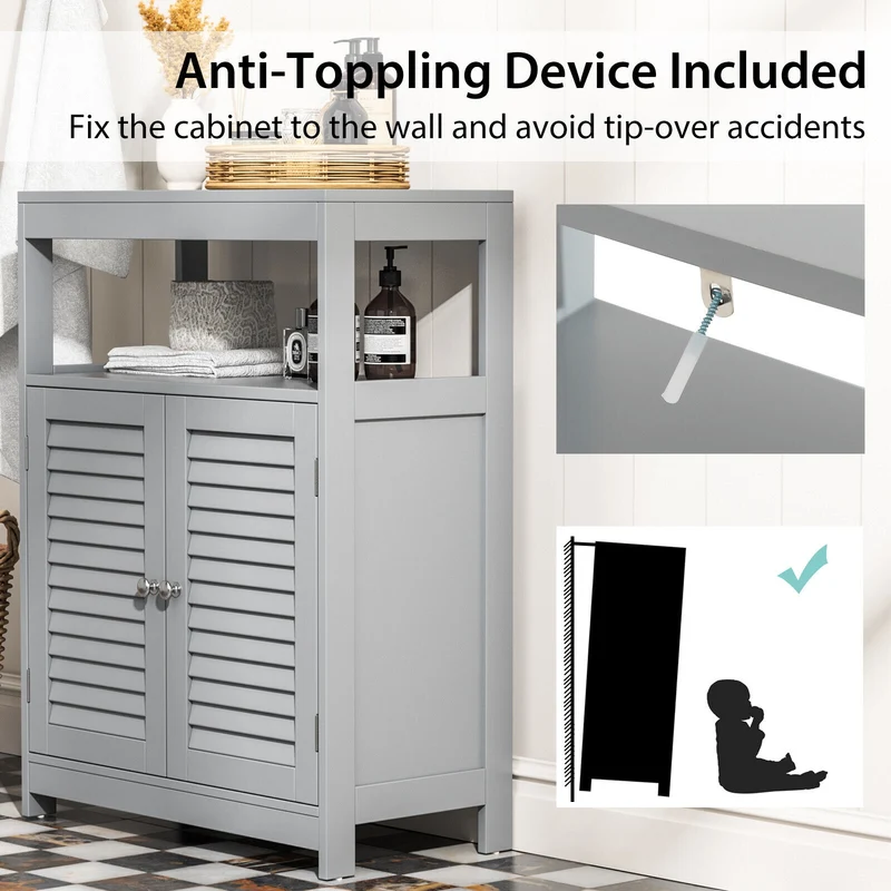 Freestanding Bathroom Floor Cabinet, Double Shutter Doors, Gray