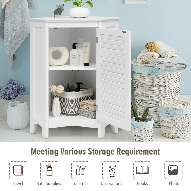 Corner Storage Cabinet, Free Standing, Shutter Door, White
