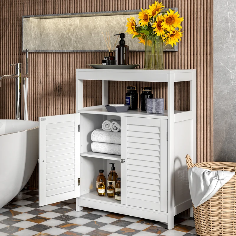 Freestanding Bathroom Floor Cabinet, Double Shutter Doors, White