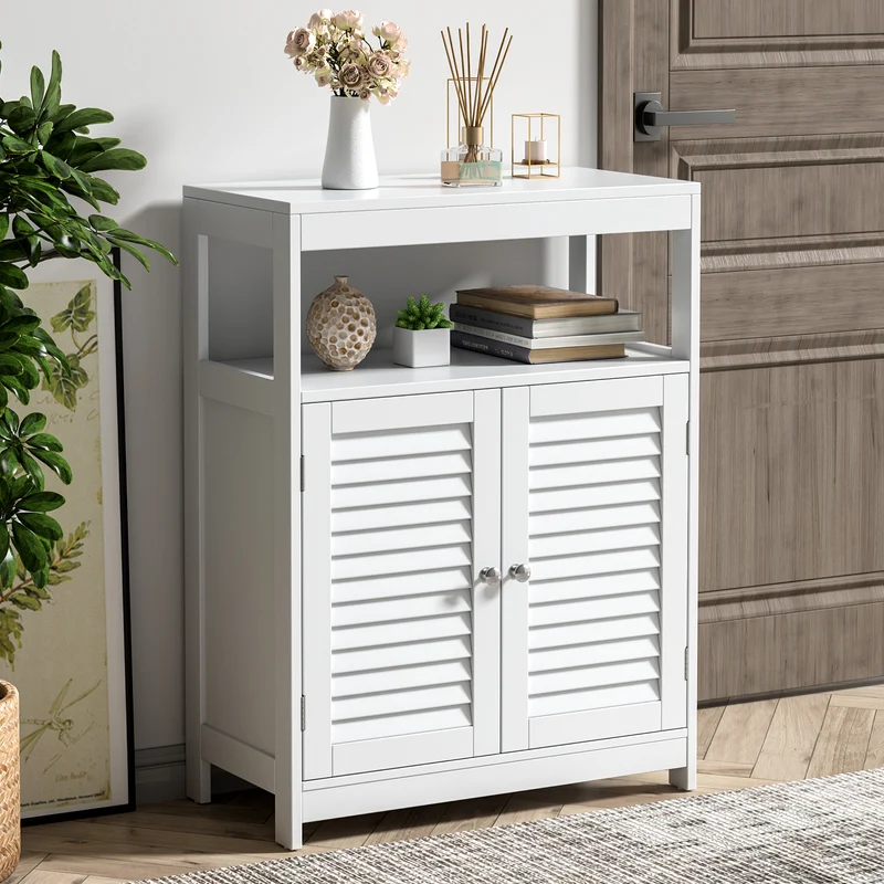 Freestanding Bathroom Floor Cabinet, Double Shutter Doors, White