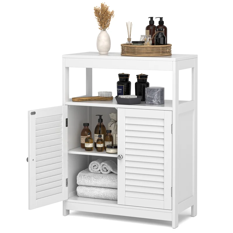 Freestanding Bathroom Floor Cabinet, Double Shutter Doors, White