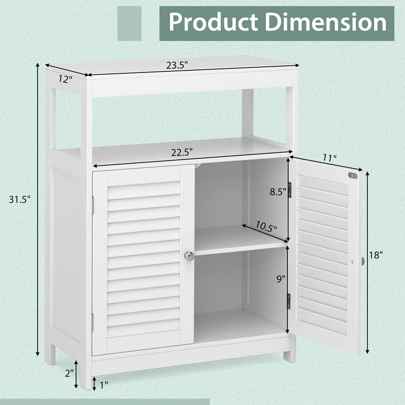 Freestanding Bathroom Floor Cabinet, Double Shutter Doors, White