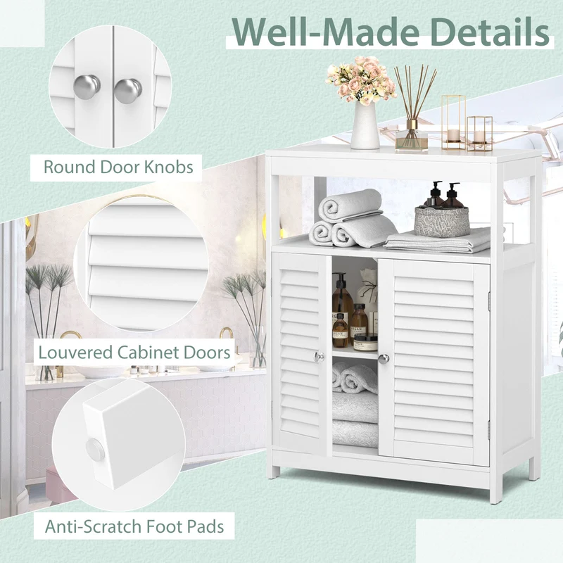Freestanding Bathroom Floor Cabinet, Double Shutter Doors, White