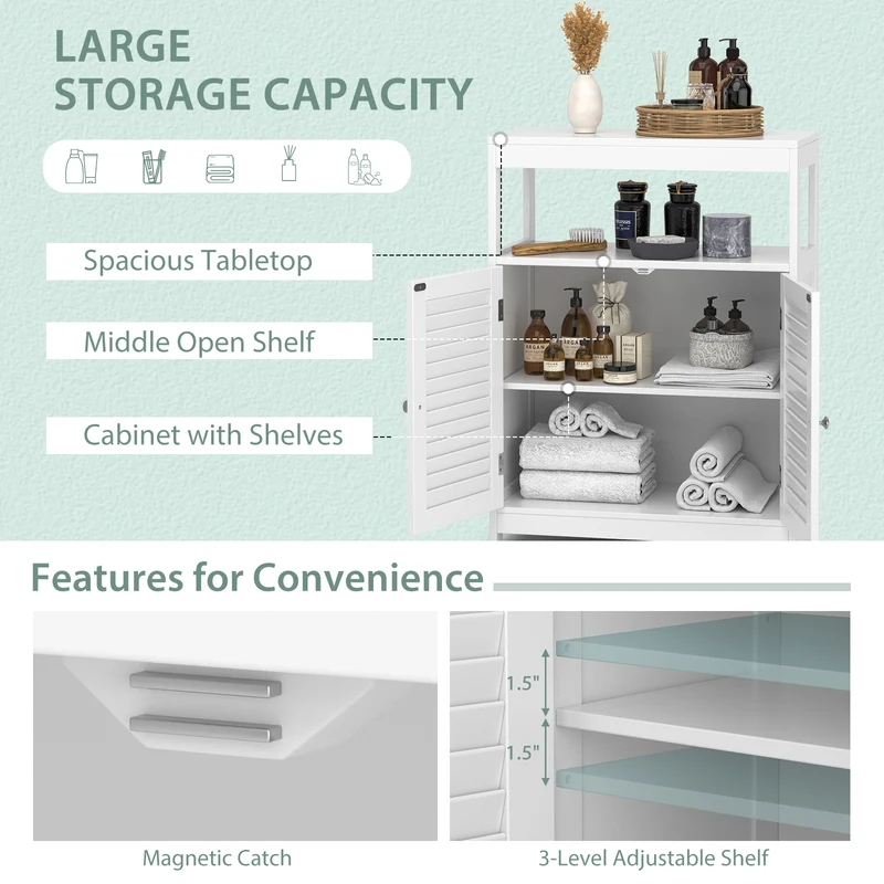 Freestanding Bathroom Floor Cabinet, Double Shutter Doors, White