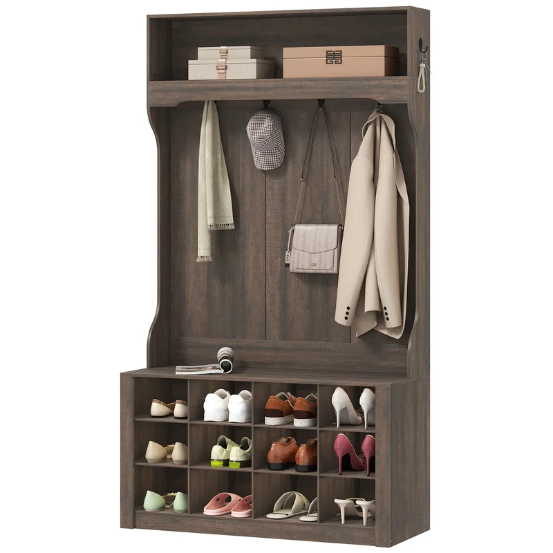 4-In-1 Hall Tree with Bench, Shoe Storage, 12 Cubbies, 6 Hooks, Dark Brown